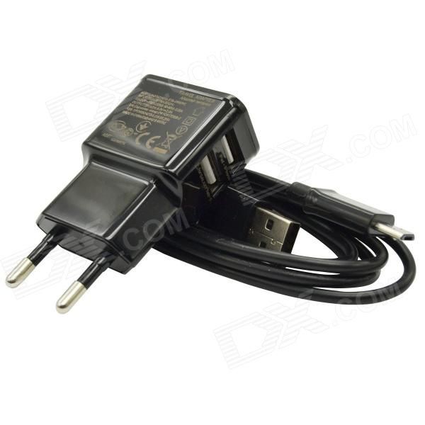 Dual USB UE Plug adaptador + cabo Micro USB para Samsung/HTC + mais - preto (5V, 2A/100 ~ 240V / 100